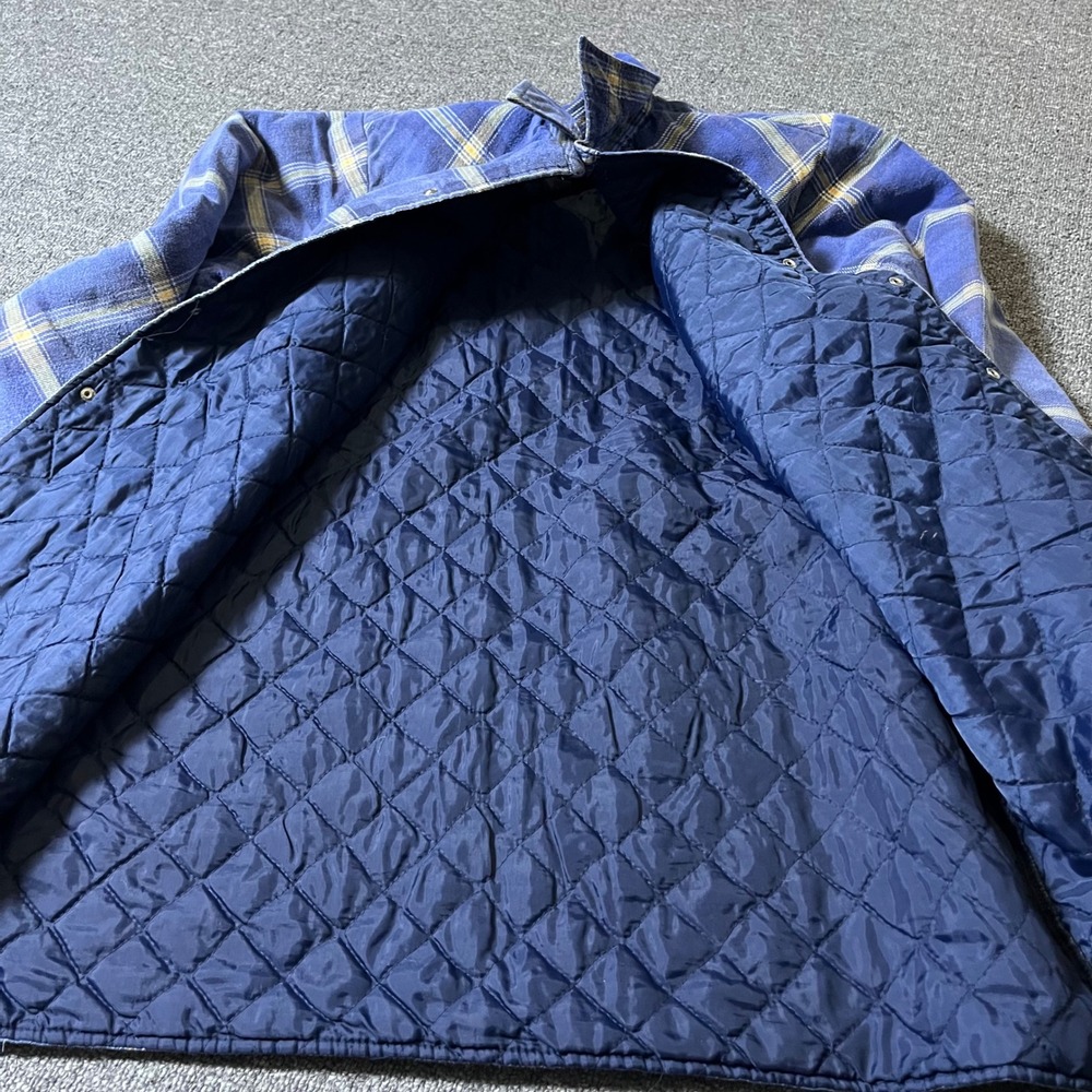 Vintage Wrangler Western Shirt Jacket Large Blue Plaid Quilted Pearl Snap 90s - Picture 10 of 13